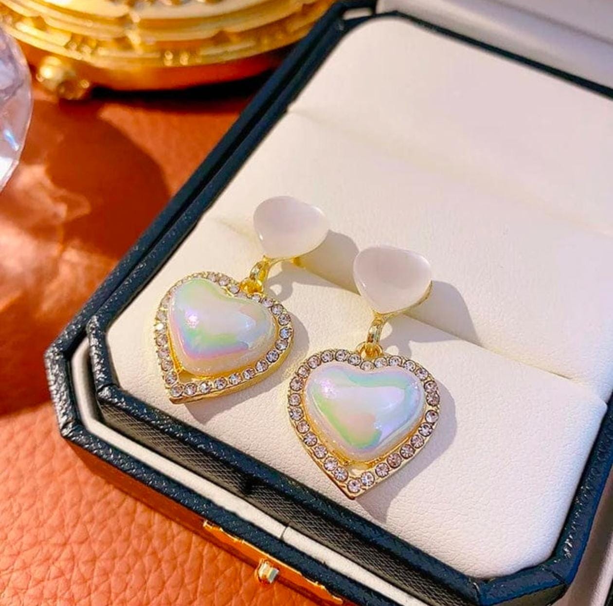 Iridescent Heart Drop Earrings – Pearl Shine with Crystal Halo