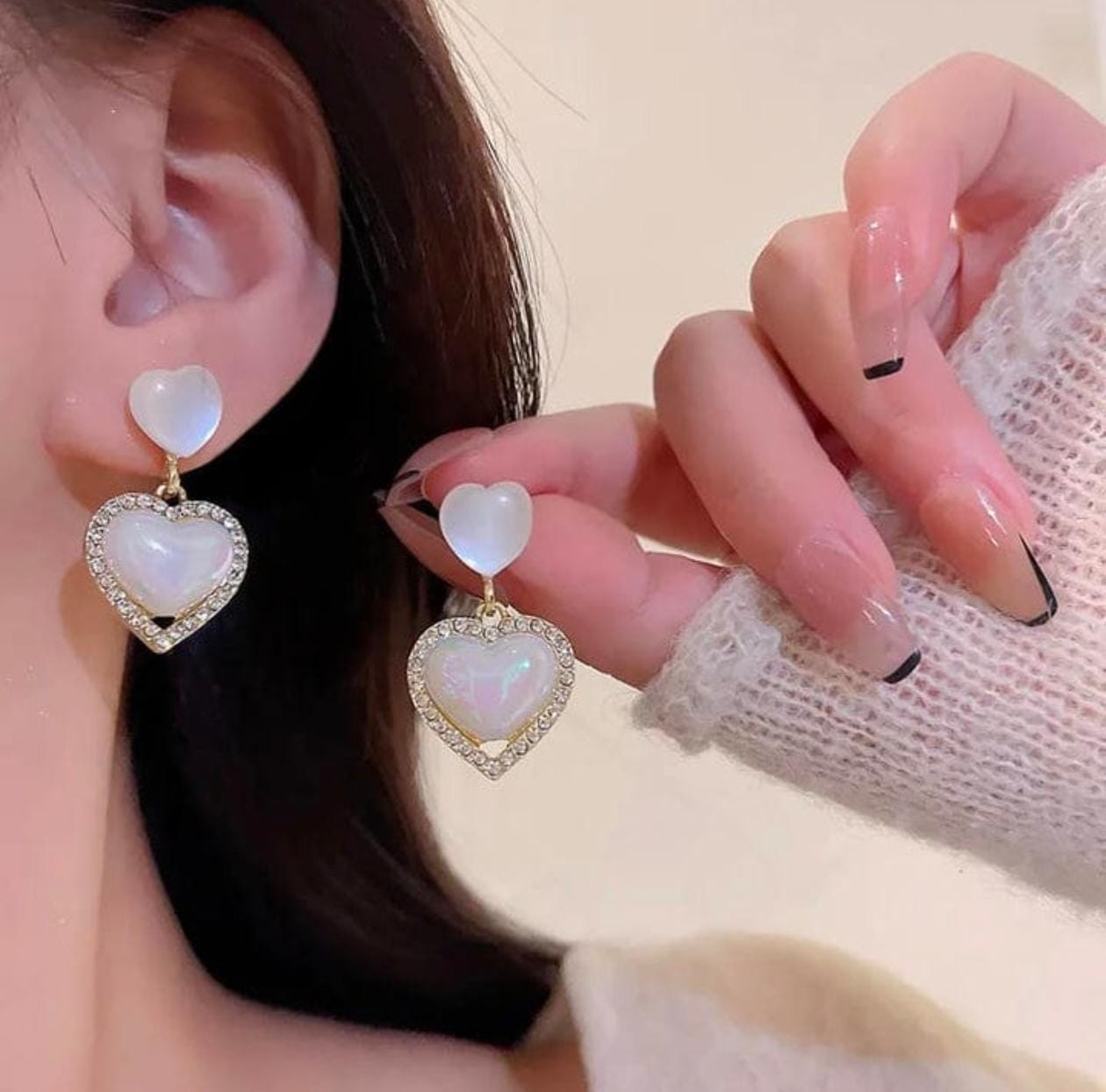 Iridescent Heart Drop Earrings – Pearl Shine with Crystal Halo