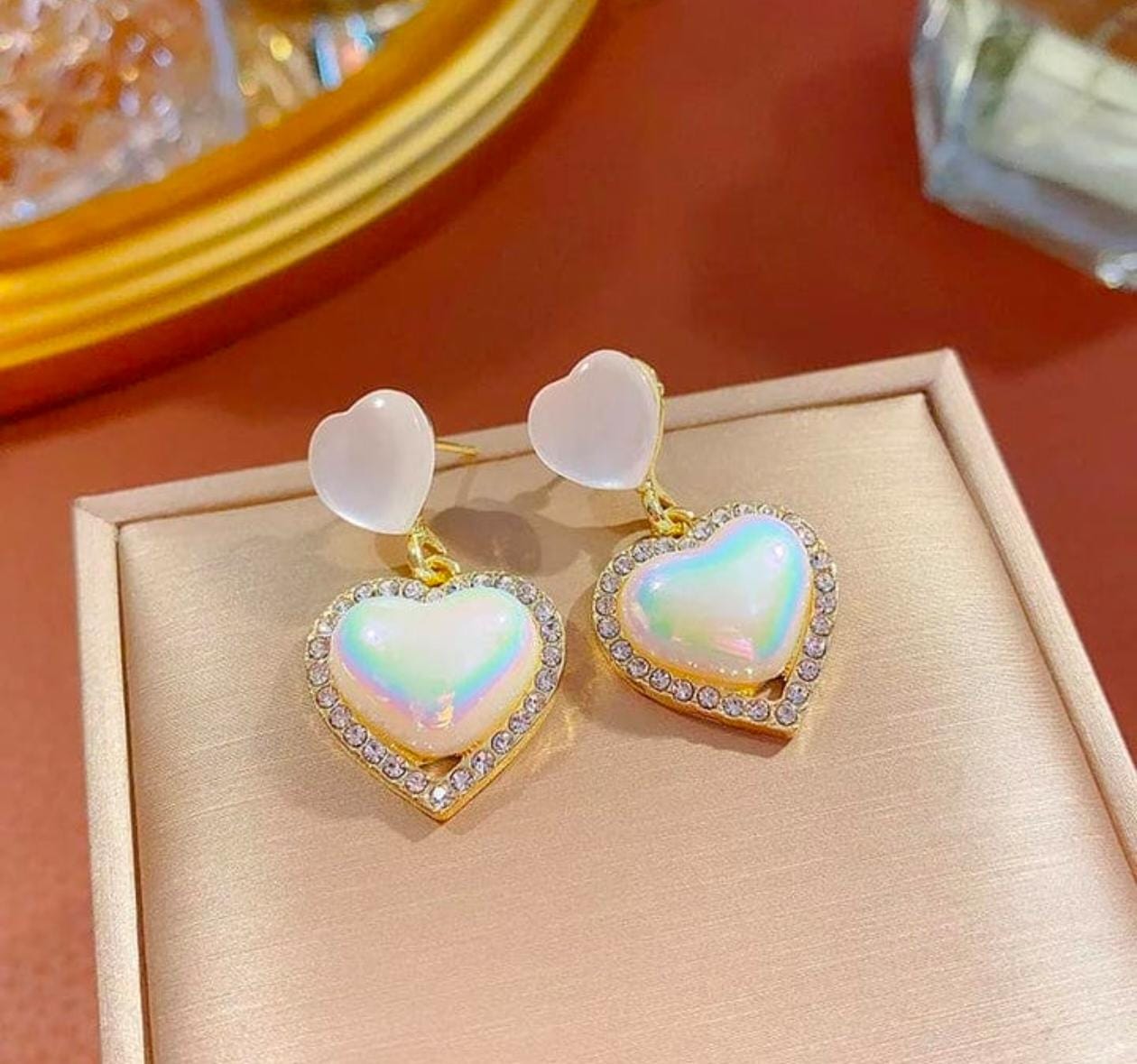 Iridescent Heart Drop Earrings – Pearl Shine with Crystal Halo
