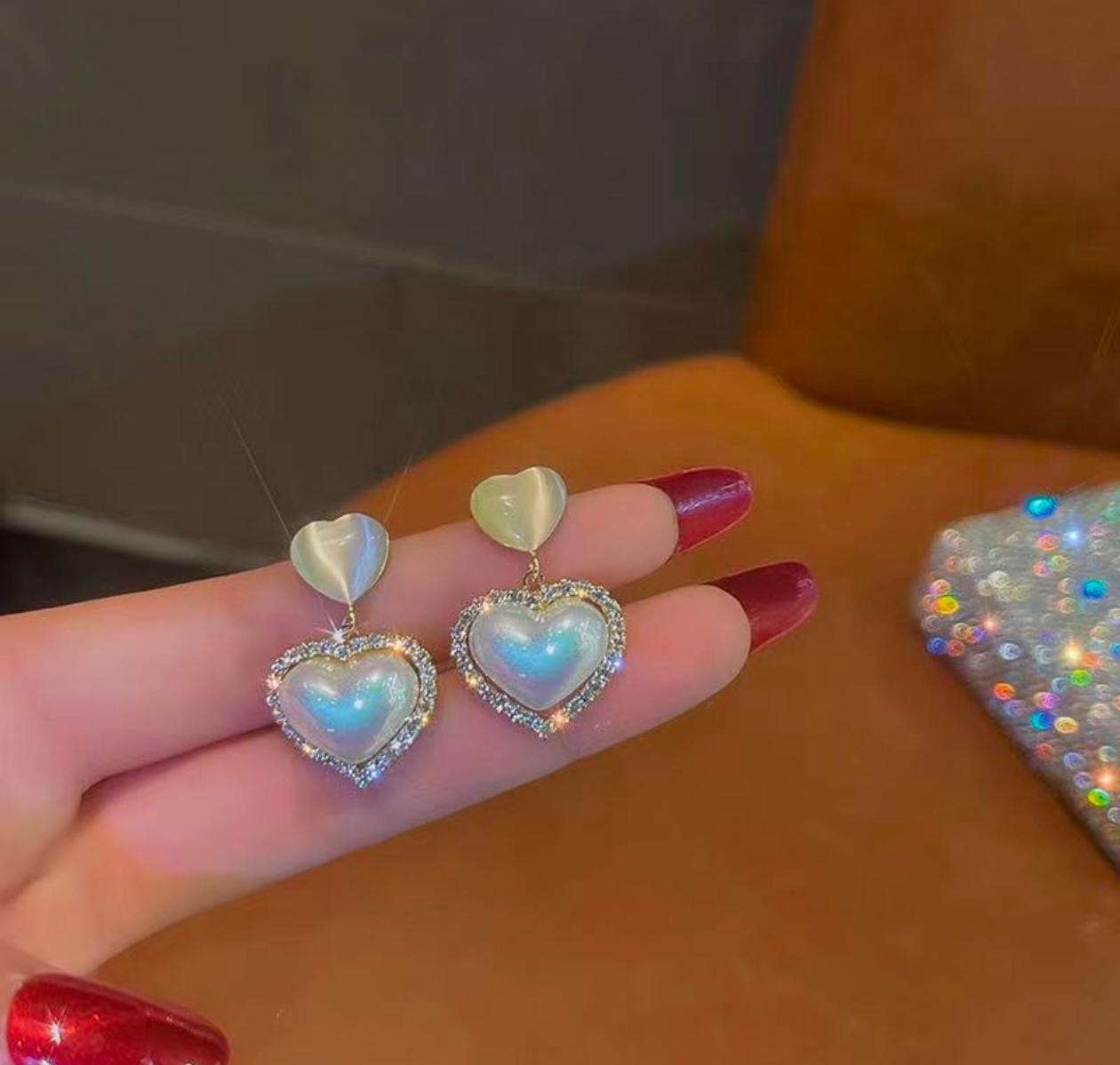 Iridescent Heart Drop Earrings – Pearl Shine with Crystal Halo