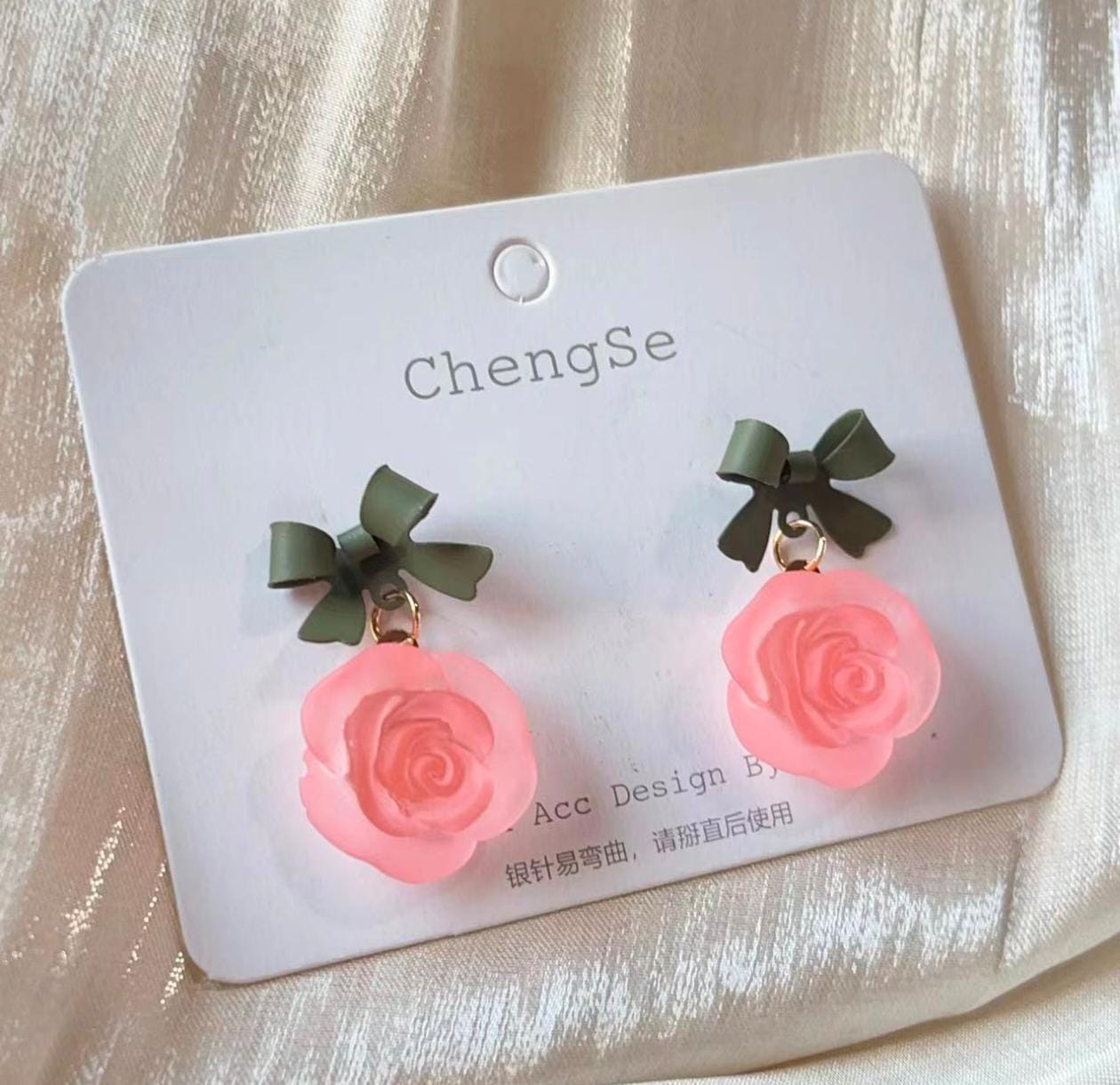 Blush Rose Bow Drop Earrings – Cute & Vintage-Inspired Charm