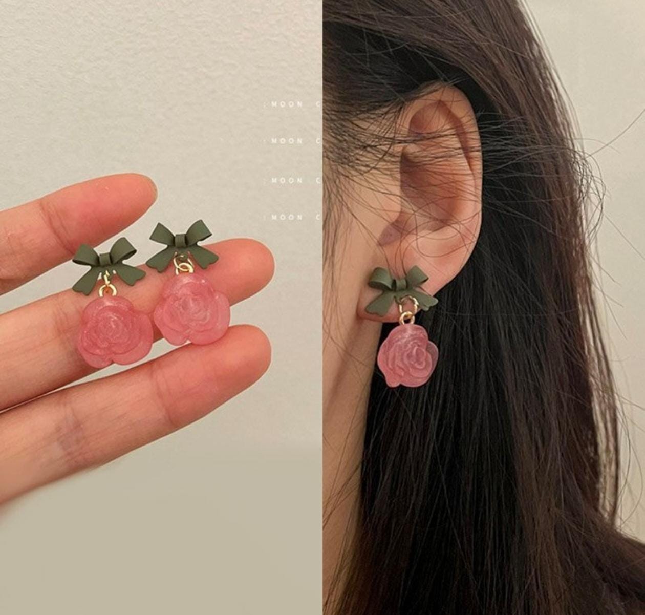 Blush Rose Bow Drop Earrings – Cute & Vintage-Inspired Charm