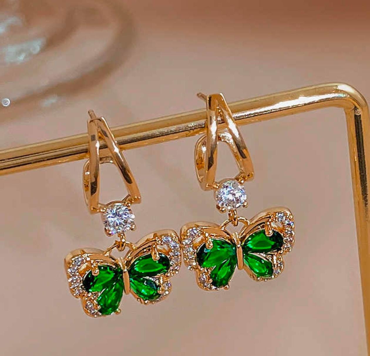 Emerald Butterfly Drop Earrings – Gold Plated, Dainty & Dreamy