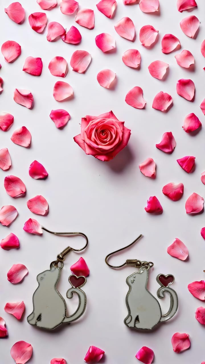 Charming Cat & Heart Tail Drop Earrings – Enamel Love Kitty Design