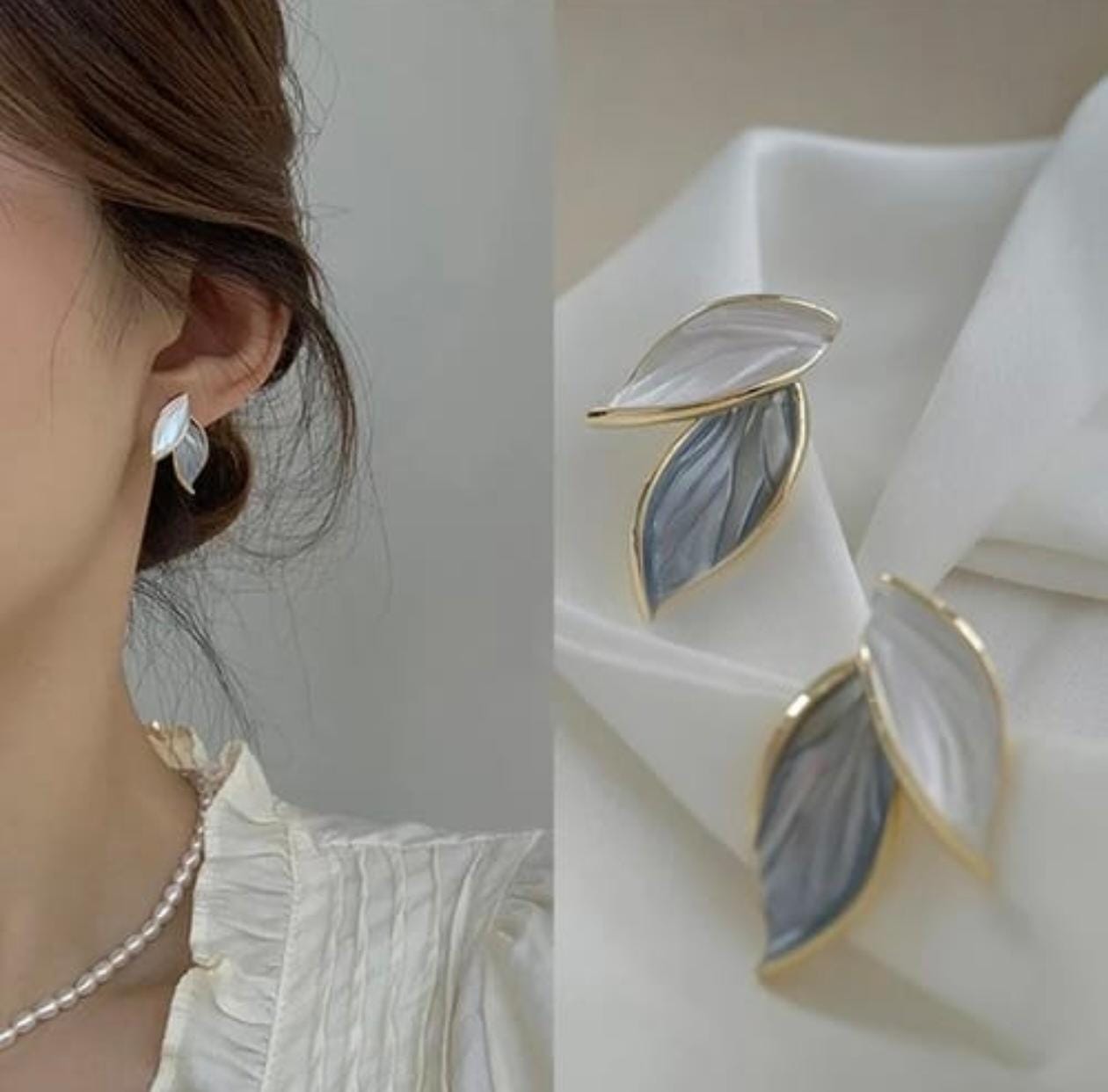 Elegant Leaf Petal Stud Earrings – Dual Tone Resin & Gold-Plated Finish