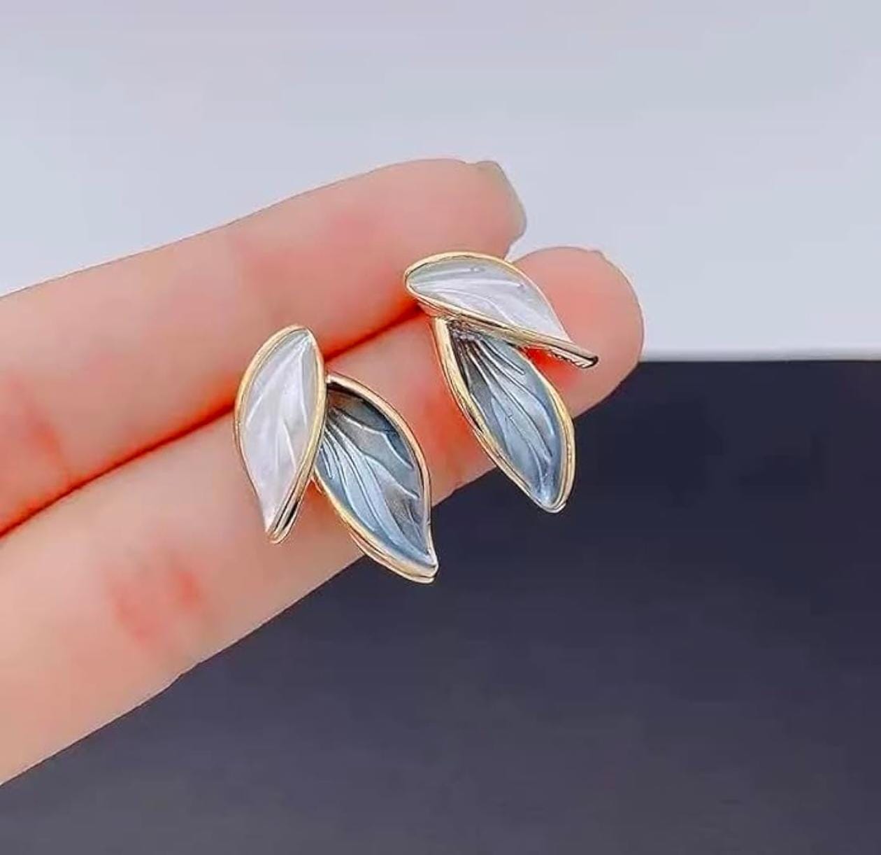 Elegant Leaf Petal Stud Earrings – Dual Tone Resin & Gold-Plated Finish