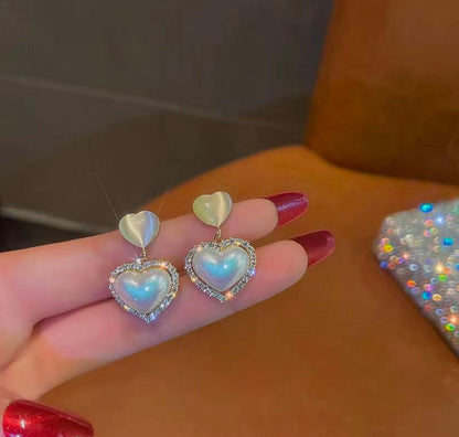 Iridescent Heart Drop Earrings – Pearl Shine with Crystal Halo