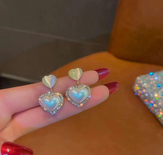 Iridescent Heart Drop Earrings – Pearl Shine with Crystal Halo