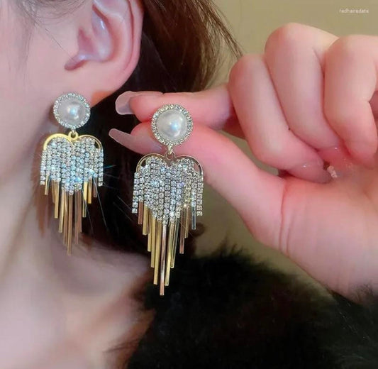 Pearl Glam Tassel Earrings – Crystal Fringe Statement Drop