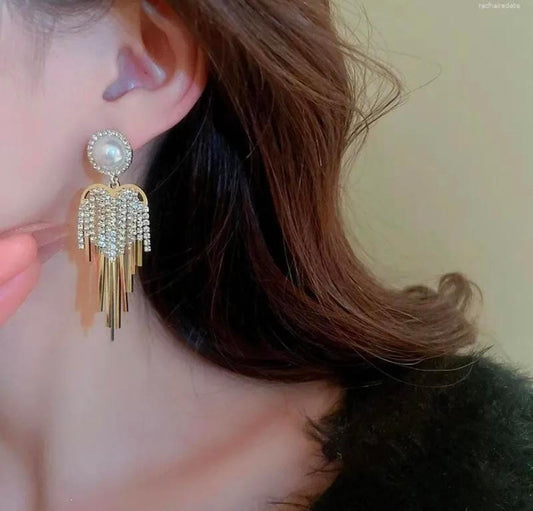 Pearl Glam Tassel Earrings – Crystal Fringe Statement Drop
