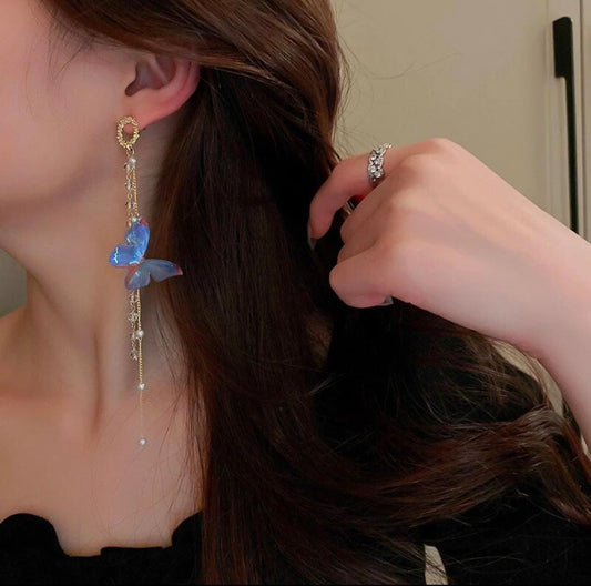 Celestial Butterfly Dangle Earrings – Iridescent Blue Elegance