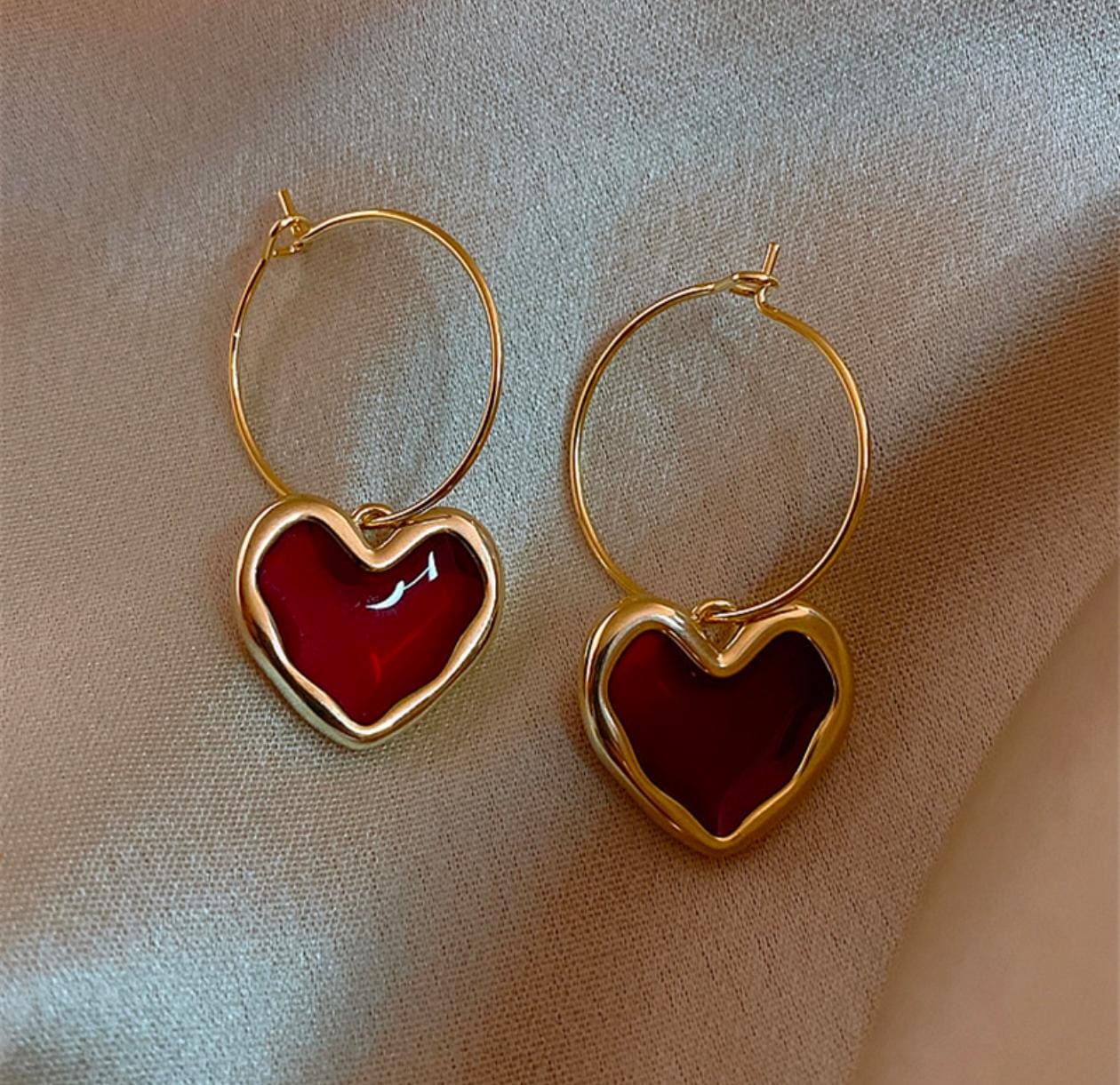 Golden Love Hoop Earrings – Red Enamel Heart Charms