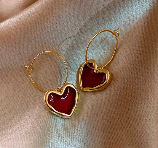 Golden Love Hoop Earrings – Red Enamel Heart Charms