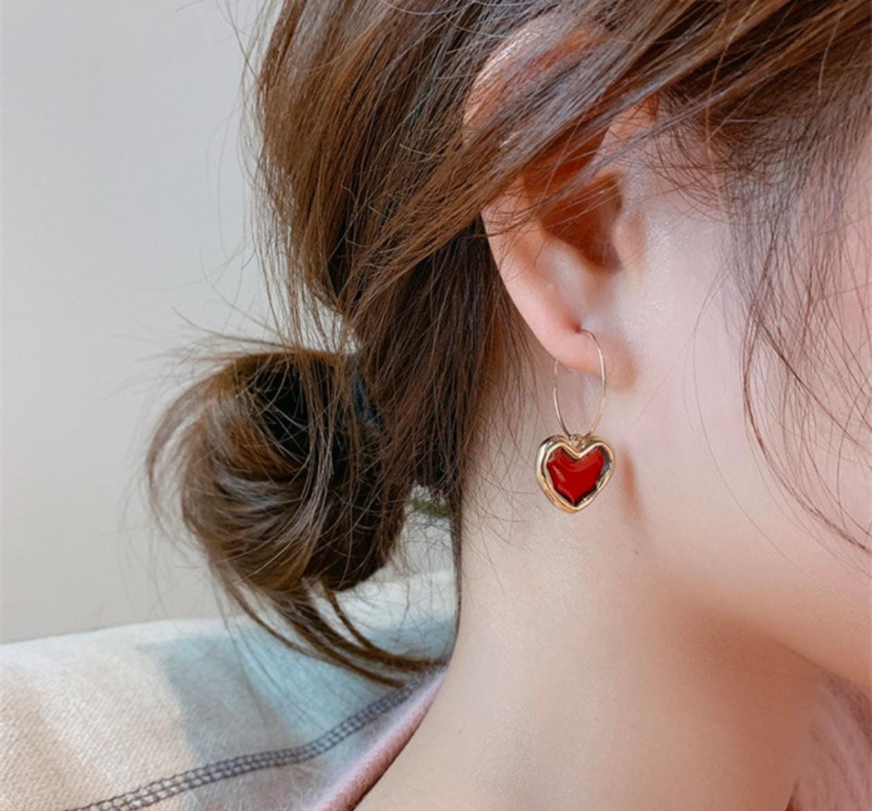 Golden Love Hoop Earrings – Red Enamel Heart Charms