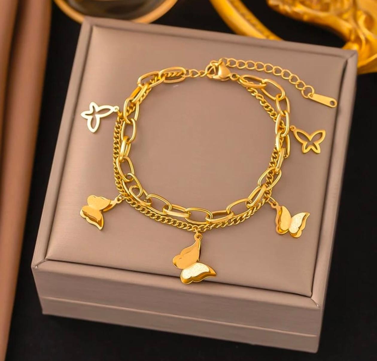 Butterfly Dual Chain Bracelet – 18K Gold Plated, Anti-Tarnish & Waterproof