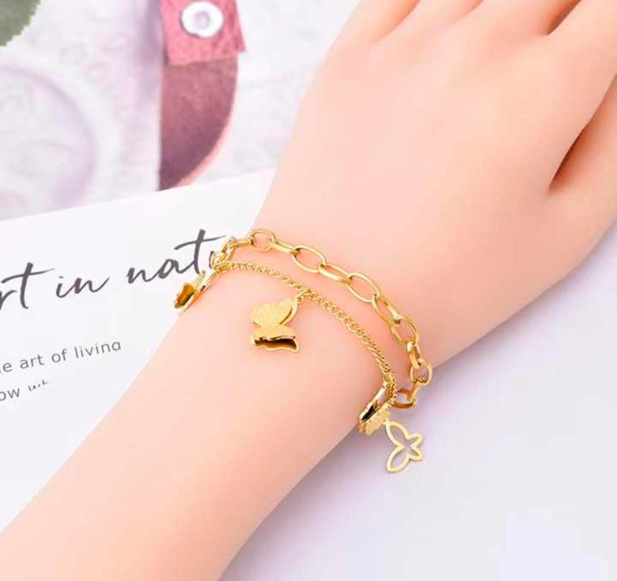 Butterfly Dual Chain Bracelet – 18K Gold Plated, Anti-Tarnish & Waterproof
