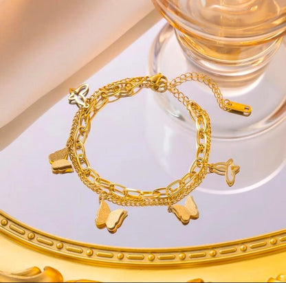 Butterfly Dual Chain Bracelet – 18K Gold Plated, Anti-Tarnish & Waterproof