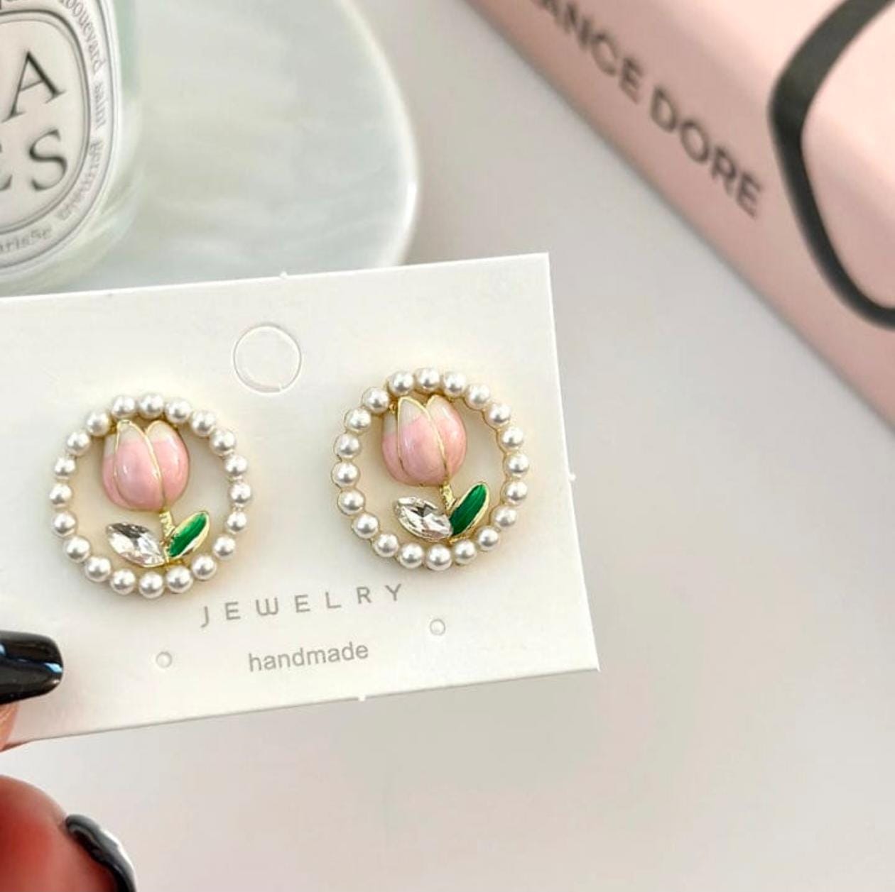 Blossom Pearl Hoop Studs – Handmade Floral Elegance