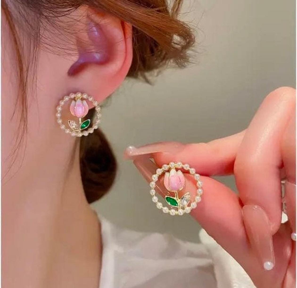 Blossom Pearl Hoop Studs – Handmade Floral Elegance