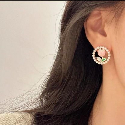 Blossom Pearl Hoop Studs – Handmade Floral Elegance