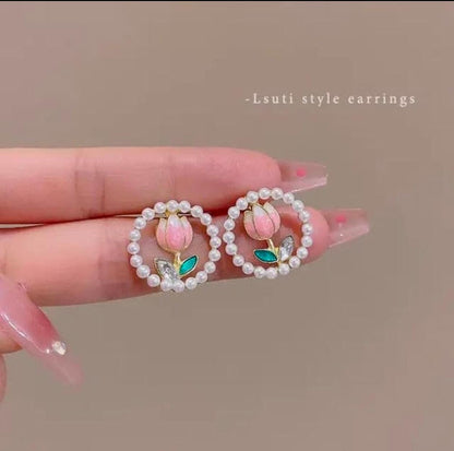 Blossom Pearl Hoop Studs – Handmade Floral Elegance