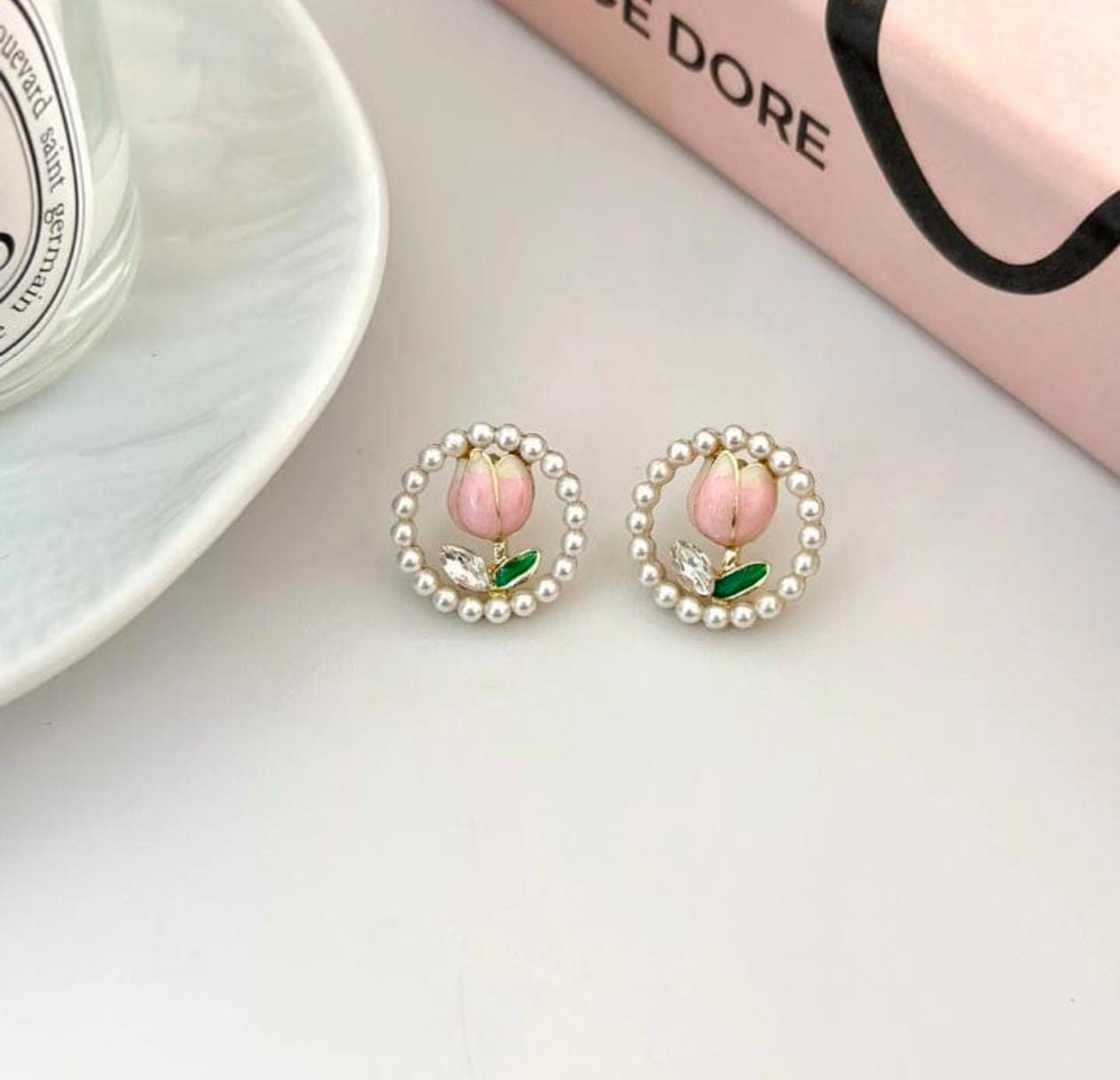 Blossom Pearl Hoop Studs – Handmade Floral Elegance
