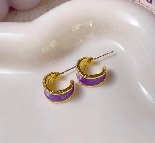 Royal Violet Enamel Mini Hoops – Gold-Trimmed Chic