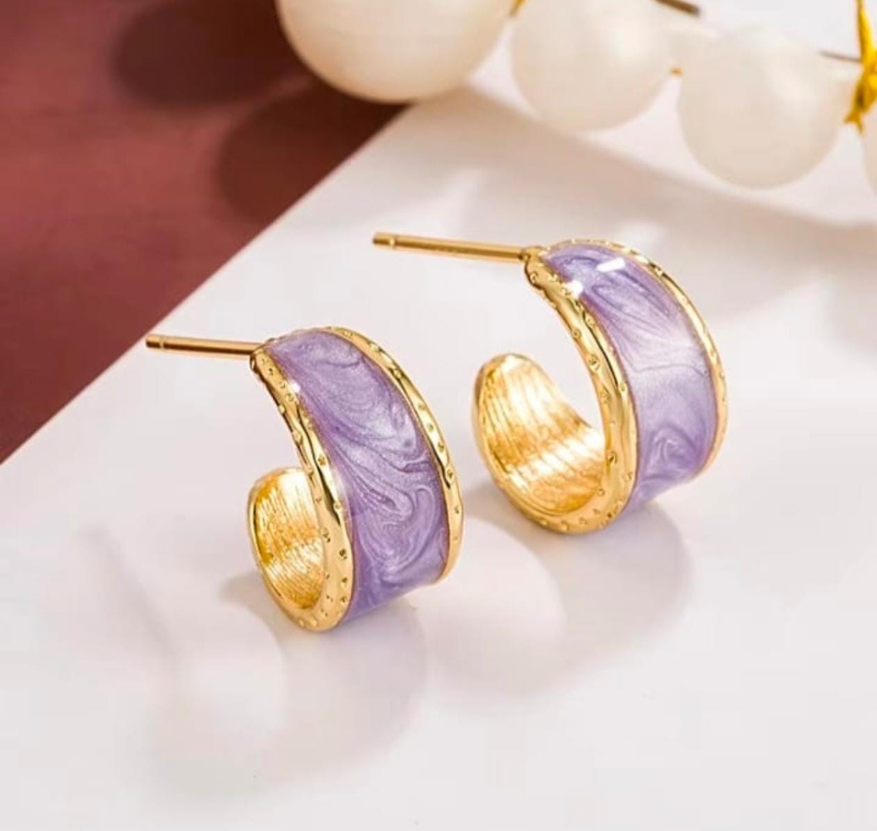 Royal Violet Enamel Mini Hoops – Gold-Trimmed Chic