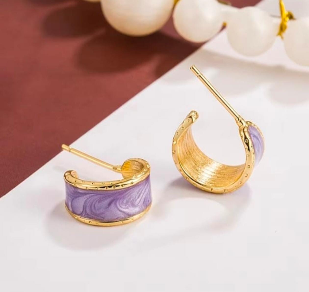 Royal Violet Enamel Mini Hoops – Gold-Trimmed Chic