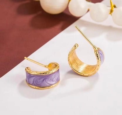 Royal Violet Enamel Mini Hoops – Gold-Trimmed Chic