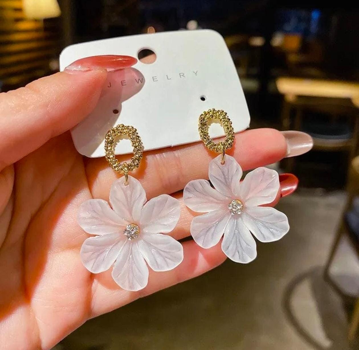 Crystal Bloom Statement Earrings – White Floral Elegance
