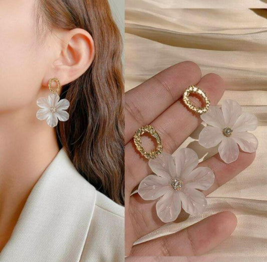 Crystal Bloom Statement Earrings – White Floral Elegance