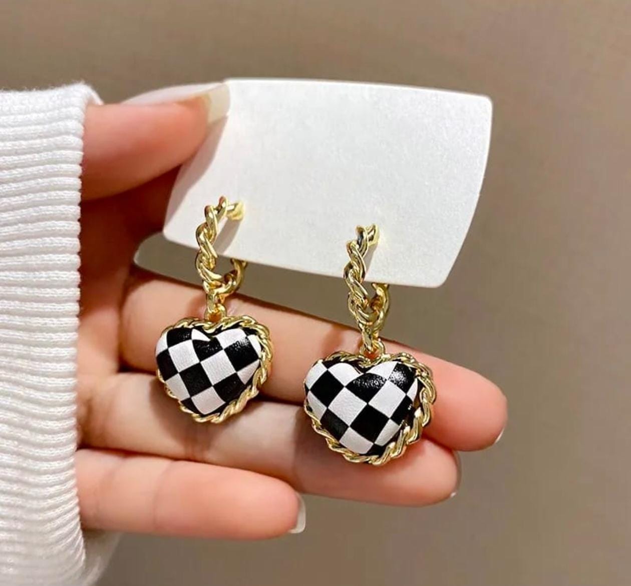 Checkered Heart Drop Earrings – Gold Plated, Bold & Stylish