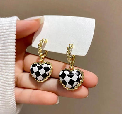 Checkered Heart Drop Earrings – Gold Plated, Bold & Stylish
