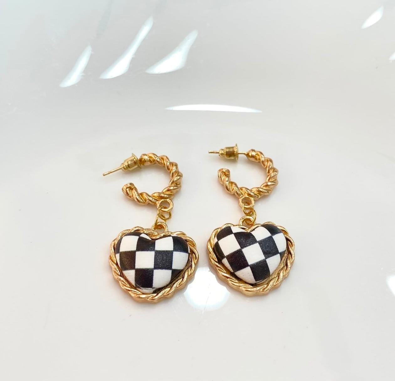 Checkered Heart Drop Earrings – Gold Plated, Bold & Stylish