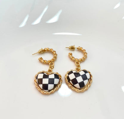 Checkered Heart Drop Earrings – Gold Plated, Bold & Stylish