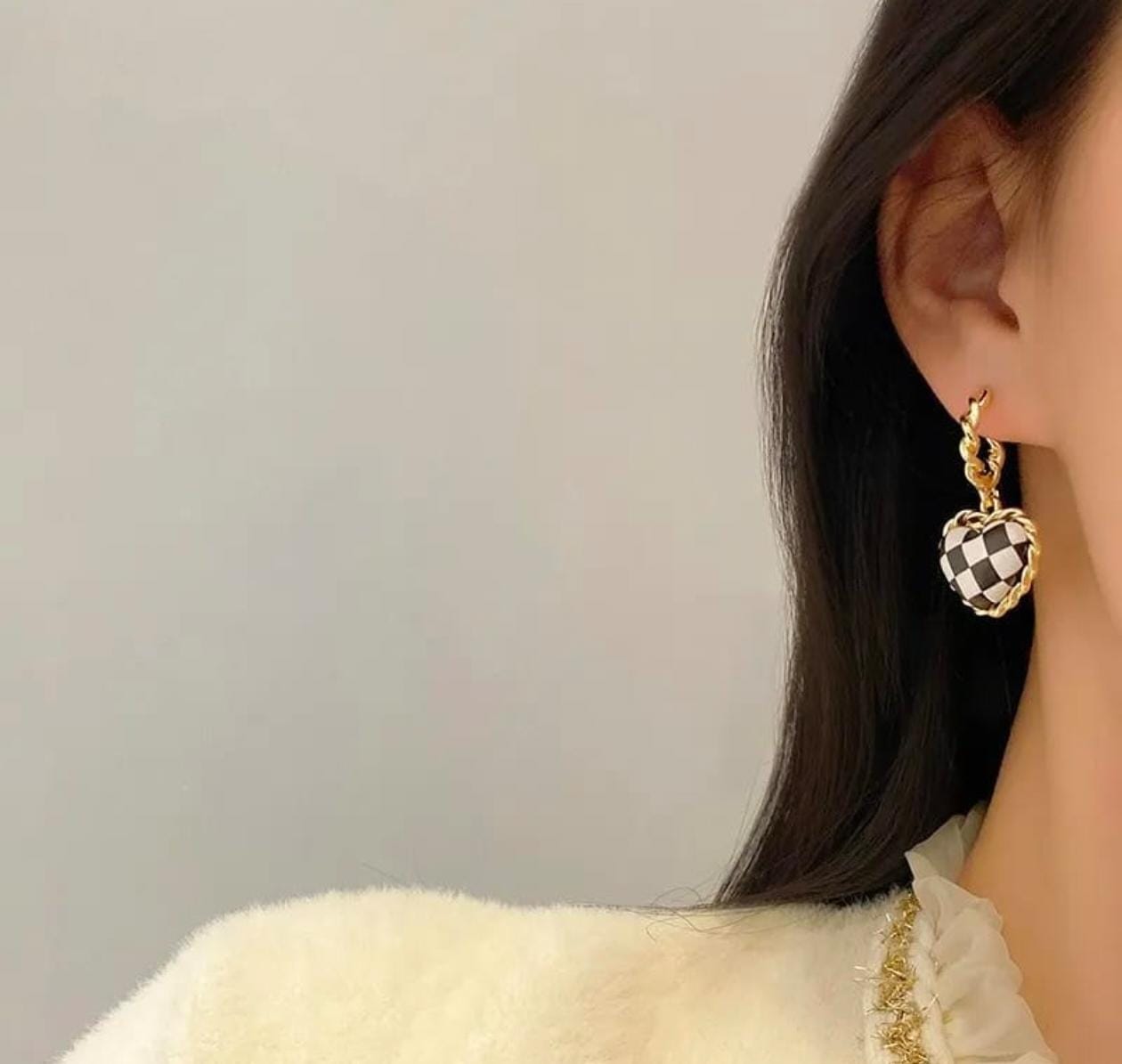 Checkered Heart Drop Earrings – Gold Plated, Bold & Stylish