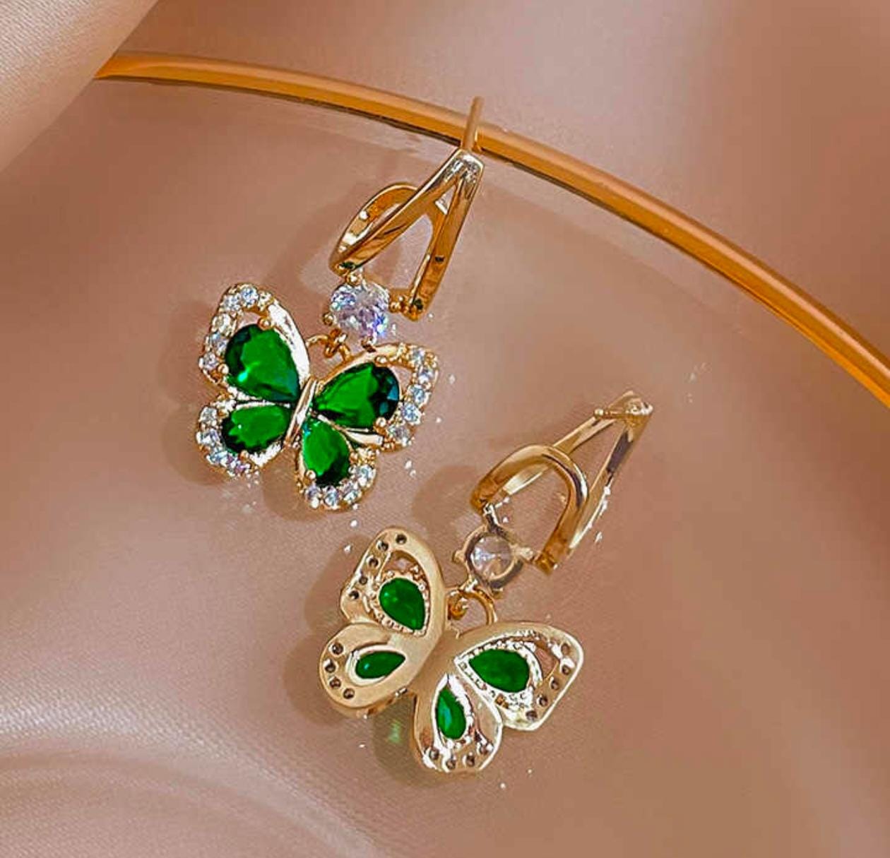 Emerald Butterfly Drop Earrings – Gold Plated, Dainty & Dreamy