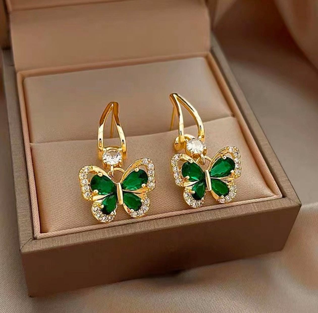 Emerald Butterfly Drop Earrings – Gold Plated, Dainty & Dreamy