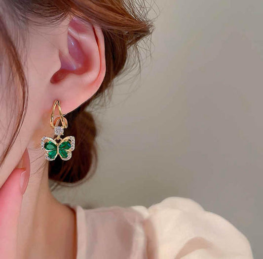 Emerald Butterfly Drop Earrings – Gold Plated, Dainty & Dreamy