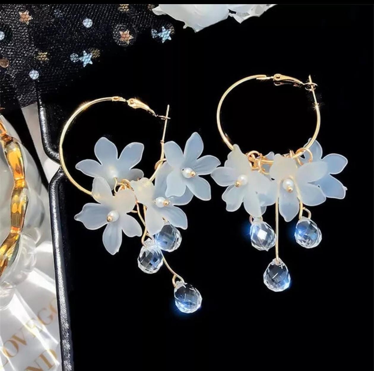 Crystal Bloom Hoop Earrings – Floral Charm with Droplet Dangles