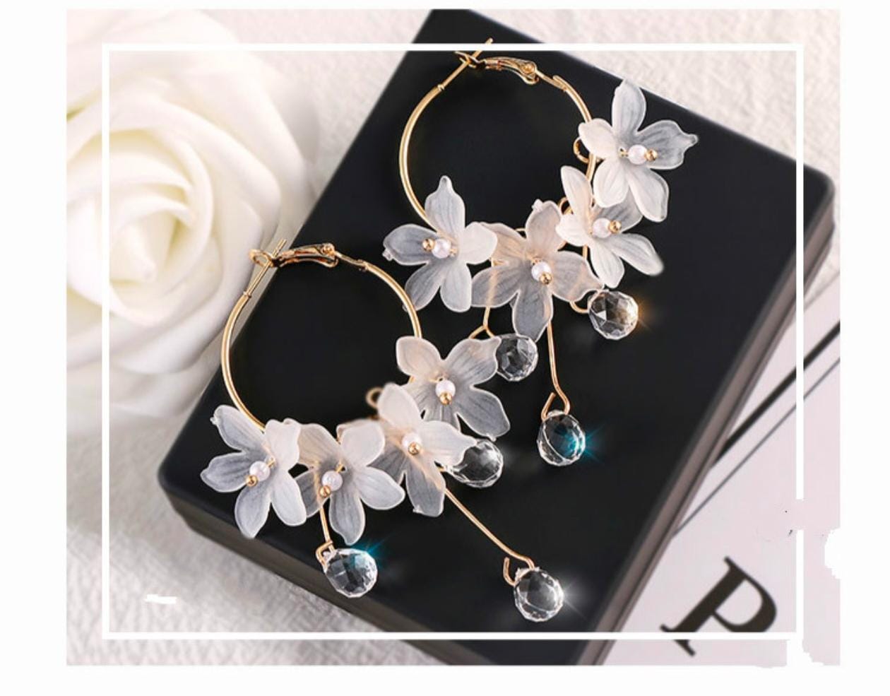 Crystal Bloom Hoop Earrings – Floral Charm with Droplet Dangles