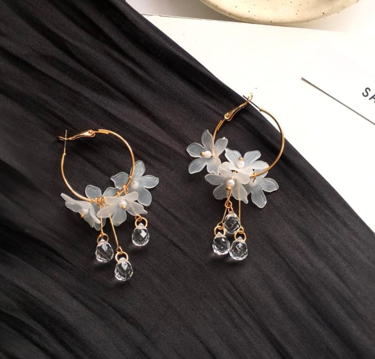 Crystal Bloom Hoop Earrings – Floral Charm with Droplet Dangles