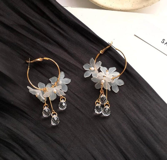Crystal Bloom Hoop Earrings – Floral Charm with Droplet Dangles