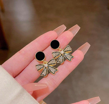 REINA Gold Bow Crystal Stud Drop Earrings - Elegant Rhinestone Dangle Jewelry