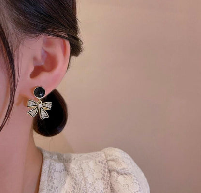REINA Gold Bow Crystal Stud Drop Earrings - Elegant Rhinestone Dangle Jewelry