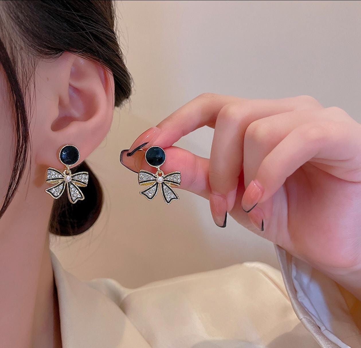 REINA Gold Bow Crystal Stud Drop Earrings - Elegant Rhinestone Dangle Jewelry
