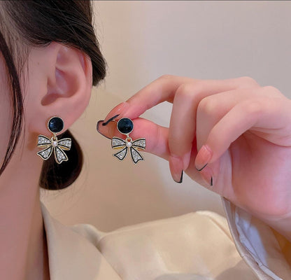 REINA Gold Bow Crystal Stud Drop Earrings - Elegant Rhinestone Dangle Jewelry