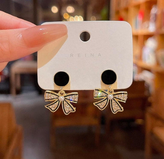 REINA Gold Bow Crystal Stud Drop Earrings - Elegant Rhinestone Dangle Jewelry