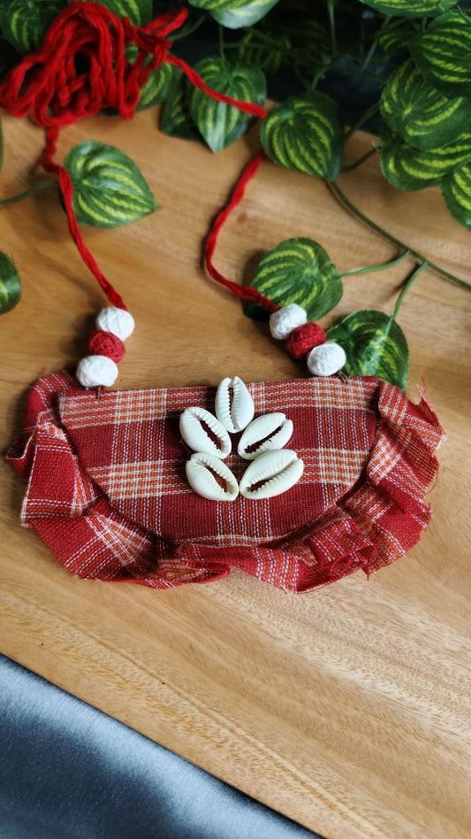 Tribal-Inspired Cowrie Shell Necklace – Red Handwoven Fabric & Thread Work